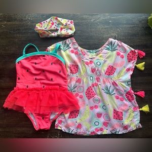 Penelope Mack 1 piece watermelon bathing suit tulle skirt, coverup, headband